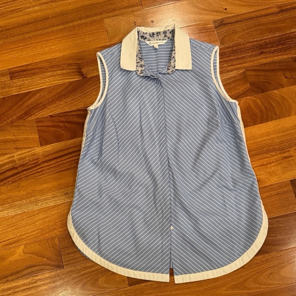 Brooks Brothers Blue and White Striped Sleeveless Button-Down Shirt